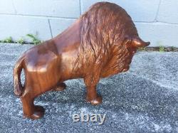 Large Buffalo Bison Wood Sculpture Hand Carved Oak 18 in Hand Crafted Brown #2