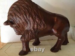 Large Buffalo Bison Wood Sculpture Hand Carved Oak 18 in Hand Crafted Brown #2