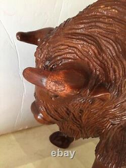 Large Buffalo Bison Wood Sculpture Hand Carved Oak 18 in Hand Crafted Brown #2