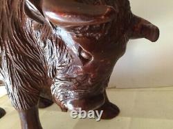 Large Buffalo Bison Wood Sculpture Hand Carved Oak 18 in Hand Crafted Brown #2