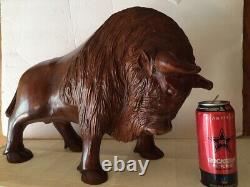 Large Buffalo Bison Wood Sculpture Hand Carved Oak 18 in Hand Crafted Brown #2