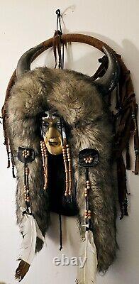 Large Native American Buffalo Hunter Spirit Mask Wall Hanging Hand Painted