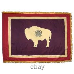 Large Vintage Faded Sewn Wyoming State Flag Fringe American Bison Buffalo USA