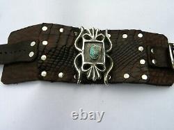 Large cuff Ketoh turquoise Bracelet genuine Alligator Bison leather adjustable