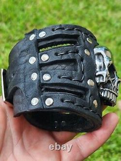 Large skull men bracelet genuine Buffalo Bison leather cuff motorcycle biker