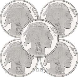 Lot of 5 1 oz Indian Head Native Buffalo Bison 999 Fine Silver Round Coins USA