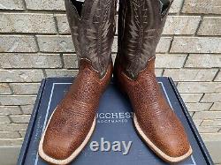 Lucchese Brown Square Toe Exotic Bison Cowboy Western Boots 14 D USA Made