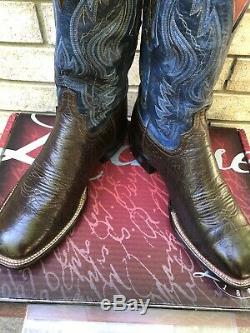 Lucchese Square Toe Antique Cigar Brown Bison Cowboy Boots 11 D