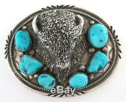 MASSIVE 138 g Sterling Silver & Turquoise Relief Bison Western Belt Buckle