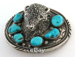 MASSIVE 138 g Sterling Silver & Turquoise Relief Bison Western Belt Buckle