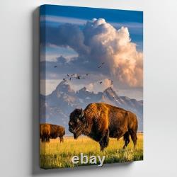 Majestic Bison Stands Prominently On A Sunlit Grassy Plain, Its Thick Wall Art