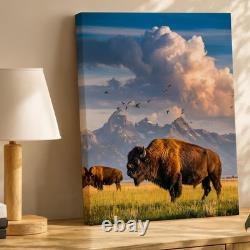 Majestic Bison Stands Prominently On A Sunlit Grassy Plain, Its Thick Wall Art