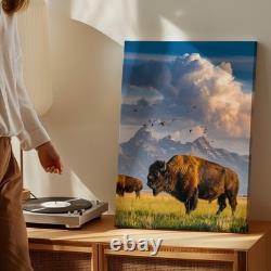 Majestic Bison Stands Prominently On A Sunlit Grassy Plain, Its Thick Wall Art