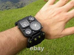 Men biker Watch genuine Alligator Bison Leather wristband cuff bracelet