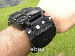 Men biker Watch genuine Alligator Bison Leather wristband cuff bracelet