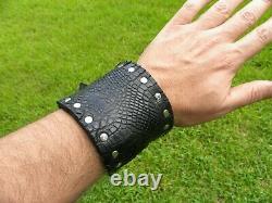 Men cuff large black Bracelet wristband Alligator and Bison leather adjustable