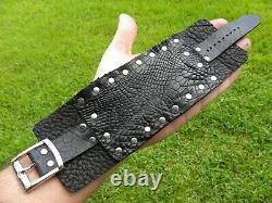 Men cuff large black Bracelet wristband Alligator and Bison leather adjustable