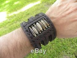 Men`s high quality Bison leather cuff thick bracelet bones wristband