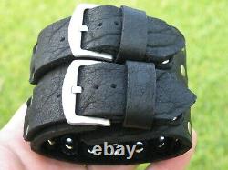 Men`s large wide cuff bracelet black genuine Buffalo Bison leather adjustable