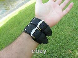 Men`s large wide cuff bracelet black genuine Buffalo Bison leather adjustable