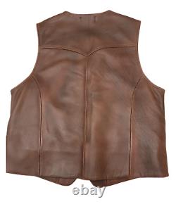 Mens American Bison Vintage Disstresed Leather Vest Biker Brown Pocket Style