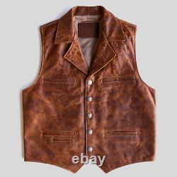 Mens Leather Vest Biker American Bison Vintage Disstresed Brown Pocket Style