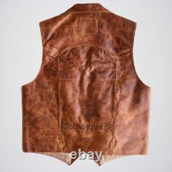 Mens Leather Vest Biker American Bison Vintage Disstresed Brown Pocket Style