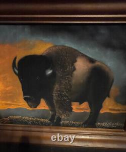 Mid Century Bison Buffalo Painting Velvet Silver Moon / Mike Martin, 29 X 23
