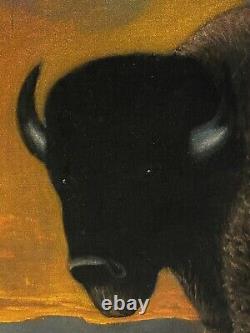 Mid Century Bison Buffalo Painting Velvet Silver Moon / Mike Martin, 29 X 23