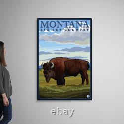 Montana Bison Retro Travel Poster Canvas Wall Art Print, Wildlife Home Decor