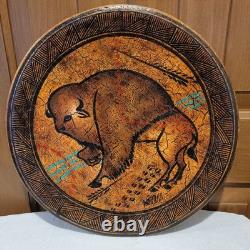 Native American Buffalo Hand Painted Art Plate 18 Inch Across Signed Artwork