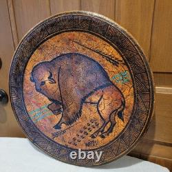 Native American Buffalo Hand Painted Art Plate 18 Inch Across Signed Artwork