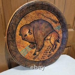 Native American Buffalo Hand Painted Art Plate 18 Inch Across Signed Artwork