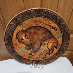 Native American Buffalo Hand Painted Art Plate 18 Inch Across Signed Artwork