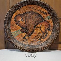 Native American Buffalo Hand Painted Art Plate 18 Inch Across Signed Artwork