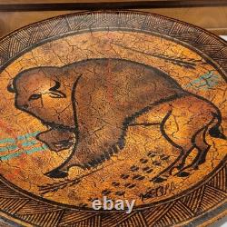 Native American Buffalo Hand Painted Art Plate 18 Inch Across Signed Artwork