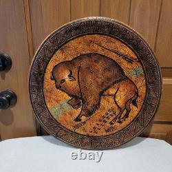 Native American Buffalo Hand Painted Art Plate 18 Inch Across Signed Artwork