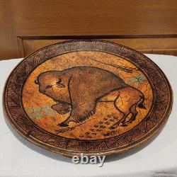 Native American Buffalo Hand Painted Art Plate 18 Inch Across Signed Artwork
