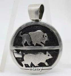 Native American HOPI Spinner BISON and STAR MAN Sterling Silver Relief Pendant