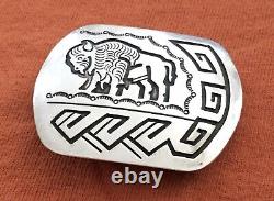 Native Navajo George Begay Sterling Silver Buffalo Bison Art Belt Buckle