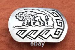 Native Navajo George Begay Sterling Silver Buffalo Bison Art Belt Buckle