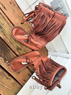 Natural bison deer leather moccasins boots men US 12, brown color, tassels, bone
