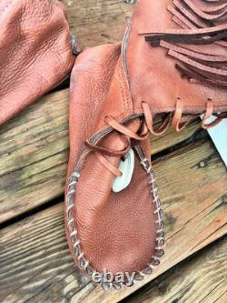 Natural bison deer leather moccasins boots men US 12, brown color, tassels, bone