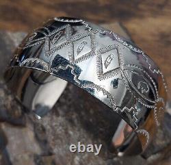 Navajo MELISSA YAZZIE Sterling Silver Bison Feather Stamped Cuff Bracelet 7.25