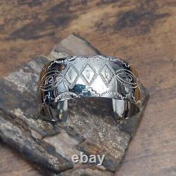 Navajo MELISSA YAZZIE Sterling Silver Bison Feather Stamped Cuff Bracelet 7.25