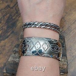 Navajo MELISSA YAZZIE Sterling Silver Bison Feather Stamped Cuff Bracelet 7.25