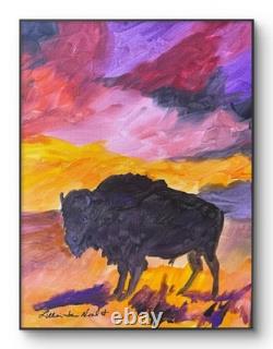 Neal Original 12x16 Expressionist Bison Sunset Prairie Painting Signed Canvas