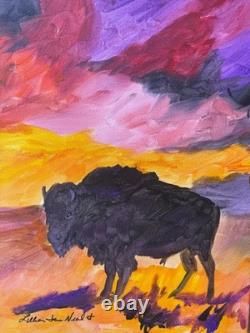 Neal Original 12x16 Expressionist Bison Sunset Prairie Painting Signed Canvas
