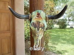 New Hand Painted Bull Skull 22 1/2 Wide Horns Bison Buffalo Cow Steer Head