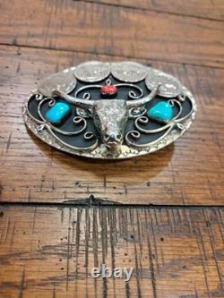 New Silver Buffalo Nickel Bison Coin Longhorn Turquoise Belt Buckle, Make Offer